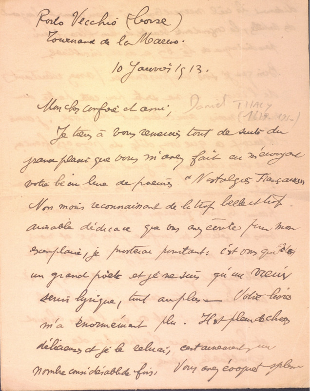 Correspondance de John-Antoine Nau à Daniel Thaly (10 janvier 1913)