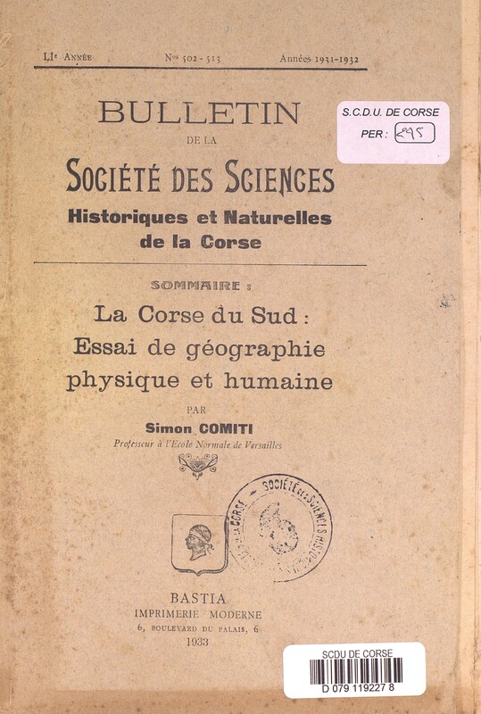 >Bulletin de la Société des Sciences Historiques et Naturelles de la Corse, 502e à 513e fascicules, années 1931-1932