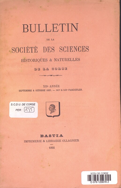 Bulletin de la Société des Sciences Historiques et Naturelles de la Corse, 141e-142e fascicules, septembre-octobre 1892