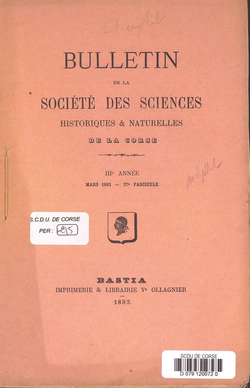 Bulletin de la Société des Sciences Historiques et Naturelles de la Corse, 27e fascicule, mars 1883