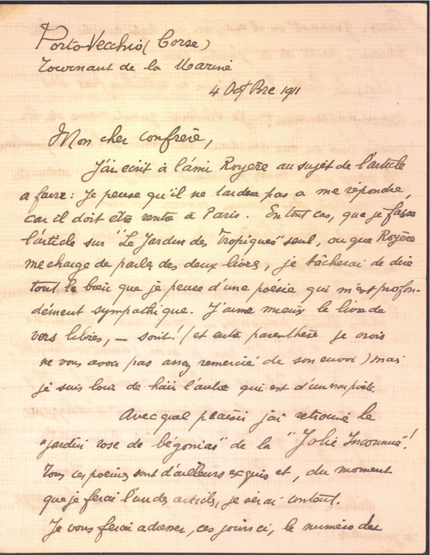 Correspondance de John-Antoine Nau à Daniel Thaly (4 octobre 1911)